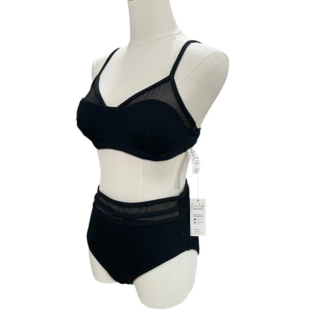 Cupshe Black Mesh Bikini Set High Waist Swimwear Cruise Chic Minimalist Resort S